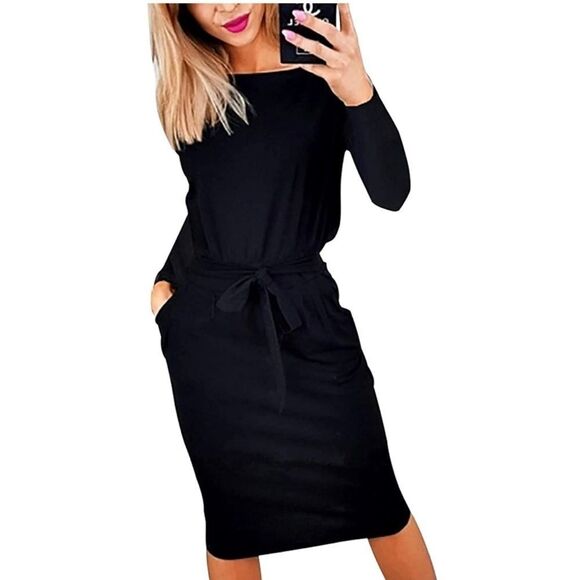 Women’s Black Long Sleeve Belted Bodycon Sheath Dress - Picture 1 of 5